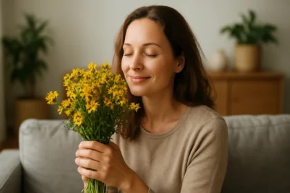 Žena s ľubovníkom bodkovaným, zlepšuje náladu a podporuje zdravie