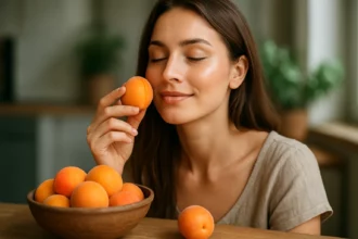 Žena s marhuľou v ruke, obklopená čerstvými marhuľami v miskách.