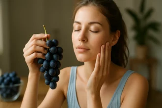 Žena drží modré hrozno, stará sa o svoju pleť.