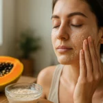 Žena s maskou na tvári z papáje a peelingovou zmesou