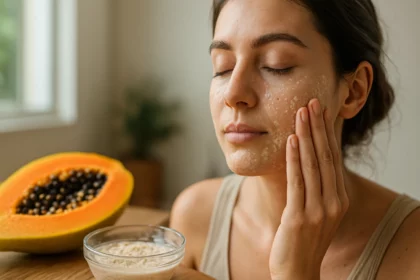 Žena s maskou na tvári z papáje a peelingovou zmesou