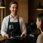 Čašník s tanierom a pohárom vína obsluhujúci hosťa v reštaurácii