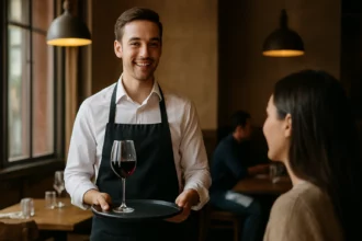 Čašník s tanierom a pohárom vína obsluhujúci hosťa v reštaurácii