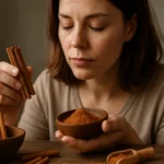 Žena drži škoricu a misku s ovocnou škoricou, pozoruje jej účinky.