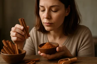 Žena drži škoricu a misku s ovocnou škoricou, pozoruje jej účinky.