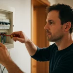 Muž inštaluje istič v elektrickej rozvodnej skrini pre ochranu domova.