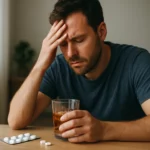 Muž s bolestivým výrazom, ktorý drží pohár alkoholu a tabletky.