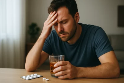 Muž s bolestivým výrazom, ktorý drží pohár alkoholu a tabletky.