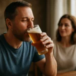 Muž vychutnáva pivo v priateľskom prostredí s ženou v pozadí.