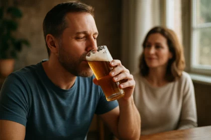 Muž vychutnáva pivo v priateľskom prostredí s ženou v pozadí.