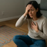 Žena zažíva stres a diskomfort pri elektrickom podlahovom kúrení.