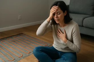 Žena zažíva stres a diskomfort pri elektrickom podlahovom kúrení.