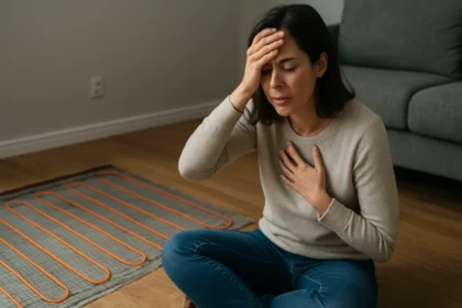 Žena zažíva stres a diskomfort pri elektrickom podlahovom kúrení.