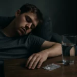 Muž ležiaci na pohovke vedľa balíčka extázy a pohára vody.