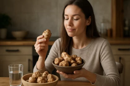 Žena si vychutnáva topinambur ako súčasť zdravej stravy.