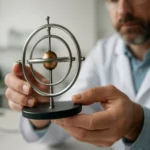 Model gyroskopu v rukách vedca demonštrujúceho jeho funkciu.