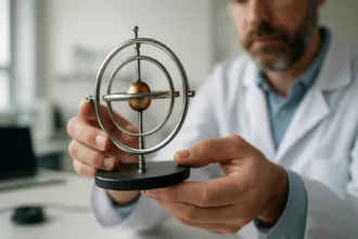 Model gyroskopu v rukách vedca demonštrujúceho jeho funkciu.