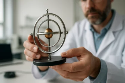 Model gyroskopu v rukách vedca demonštrujúceho jeho funkciu.