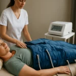 Žena podstupuje lymfodrenáž s prístrojom na zlepšenie zdravia.