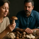 Žena skúma liečivé huby, zatiaľ čo muž pozoruje ich účinky.