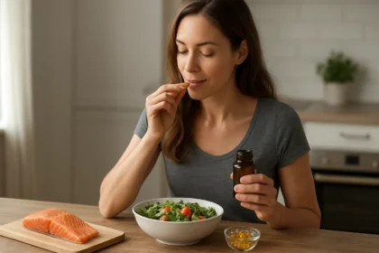 Žena vychutnávajúca si šalát a omega-3 doplnky pri zdravom jedle.