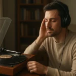 Muž počúva gramofón a vychutnáva si klasickú hudbu.