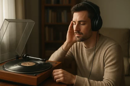 Muž počúva gramofón a vychutnáva si klasickú hudbu.