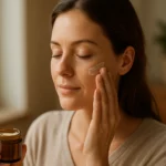 Žena nanášajúca dubový krém na svojú pleť