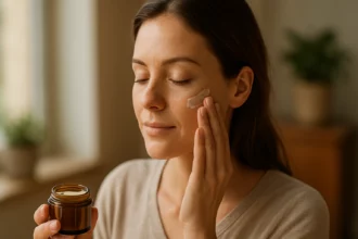 Žena nanášajúca dubový krém na svojú pleť