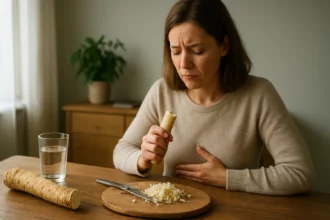 Žena s chrenom pri stole, zjavne prežíva nepohodlie v bruchu.