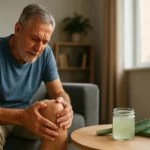 Starší muž sa dotýka svojho kolena s bolesťou, vedľa je aloe vera.