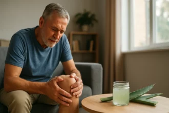Starší muž sa dotýka svojho kolena s bolesťou, vedľa je aloe vera.