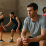 Muž zamyslený počas tímového tréningu v športovej hale.