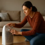 Žena upravuje elektrický ohrievač v obývacej izbe.