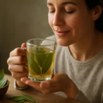 Žena si užíva čaj z bobkového listu s relaxovaným výrazom