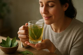 Žena si užíva čaj z bobkového listu s relaxovaným výrazom