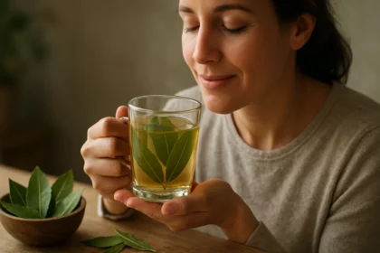Žena si užíva čaj z bobkového listu s relaxovaným výrazom