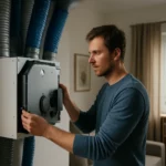 Muž kontroluje rekuperátor vo vetraní v modernom interiéri