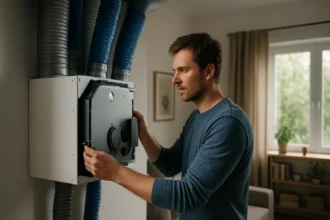 Muž kontroluje rekuperátor vo vetraní v modernom interiéri