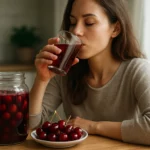 Žena si vychutnáva čerešňový kompót z pohára a taniera.