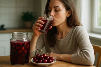Žena si vychutnáva čerešňový kompót z pohára a taniera.
