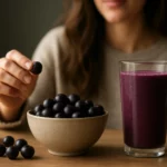 Osoba si vychutnáva acai bobule a smoothie na drevenom stole.