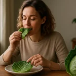 Žena vychutnáva si list kapusty na zlepšenie trávenia.