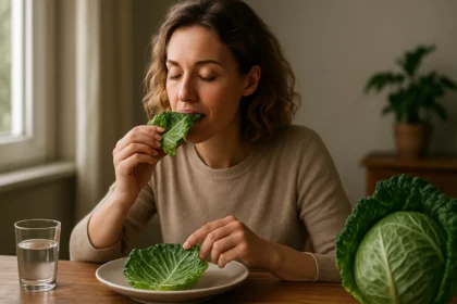 Žena vychutnáva si list kapusty na zlepšenie trávenia.