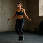 Žena skáče cez švihadlo v telocvični, zlepšuje si fyzickú kondíciu.