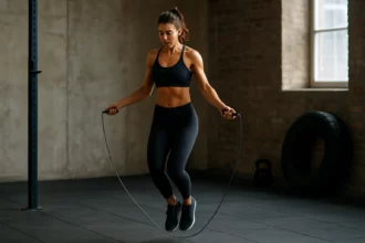 Žena skáče cez švihadlo v telocvični, zlepšuje si fyzickú kondíciu.