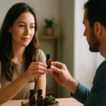 Pár diskutuje o doTERRA esenciálnych olejoch pri stole.