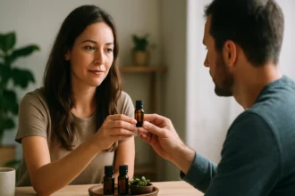 Pár diskutuje o doTERRA esenciálnych olejoch pri stole.