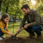 Rodič a dieťa sadiaci mestský strom v parku.