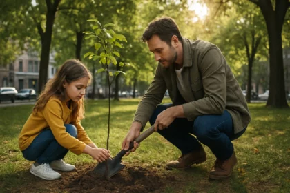 Rodič a dieťa sadiaci mestský strom v parku.